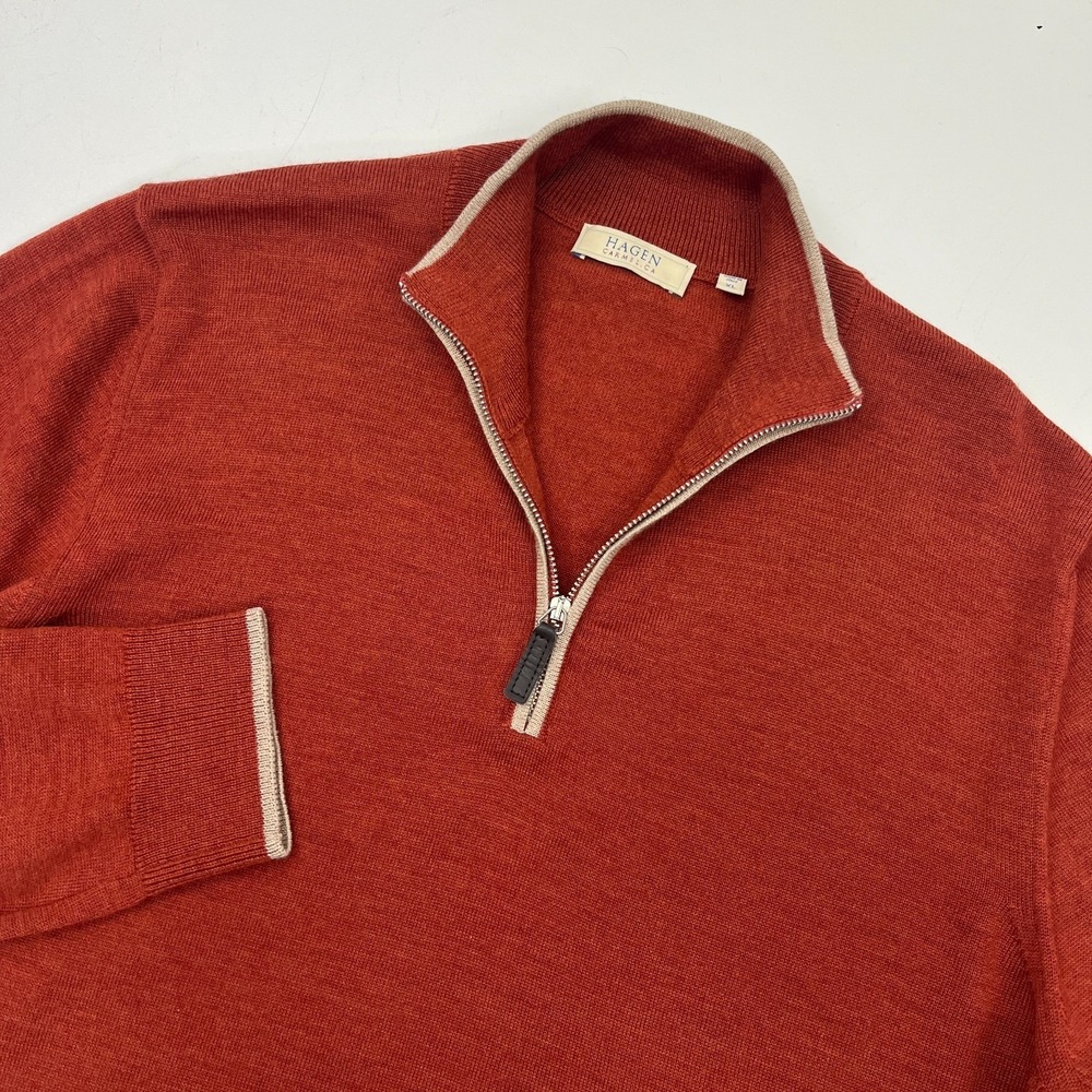 Hagen Carmel Sweater Mens XL Brown Rust Red 1/4 Quarter Zip Merino Wool Italy - Picture 5 of 13